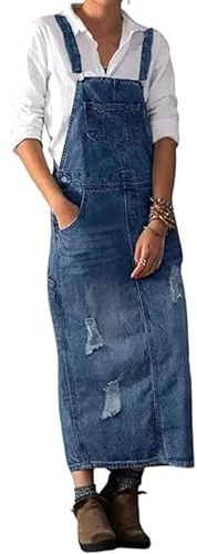 loveimgs Abito da donna in denim invecchiato, con bretelle lunghe, con spalline regolabili, stile patchwork, Blu, Medium