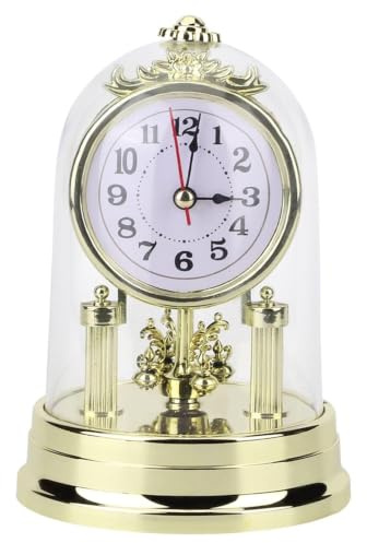 Xzmzbxzb Vintage European Style Silent Mantel Clock with Dome Glass Cover, Battery Operated, Antique Table Clock for Living Room, Bedroom, Office, 11 x 17 cm, Gold