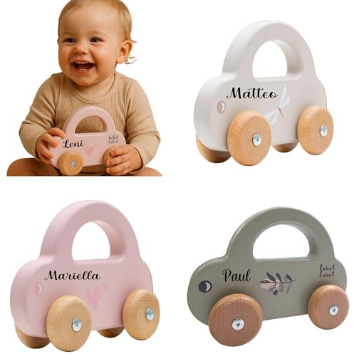 minipishop ® Personalisierte Geschenke Baby I HOLZAUTO für Mädchen und Jungen personalisiert mit Name I Verschiedene Farben I Babygeschenk personalisiert zur Geburt und Taufe