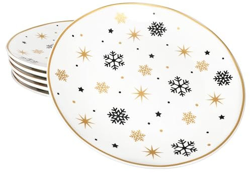 MamboCat Lot de 6 assiettes à dessert Stars noires et dorées I Assiettes à petit-déjeuner en faïence pour 6 personnes Étoiles et flocons de neige pour Noël, l'Avent et Saint-Nicolas