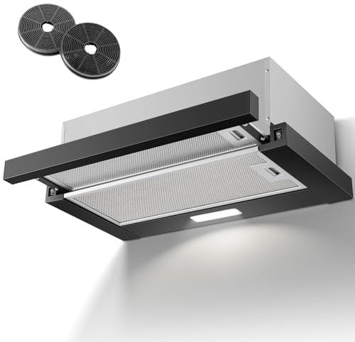 KICHPOWER Hotte Tiroir Téléscopique, Intégrée Hotte Aspirante 60cm, 620 m³/h, Eclairage LED, 2 Vitesses, Interrupteur à bascule, Filtres Charbon Inclus, Noir