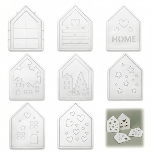 QWORK® 8 Stück Silikonformen Häuser, DIY Kerzen- und Seifenformen mit Herz- und Sternmotiven, Silikon Gießformen