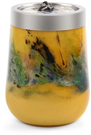 VOREEN Handblown Glass Tabletop Fountain – Yellow Art Glass Water Feature with Gentle Ambient Glow – Optional Aromatherapy for Home, Spa, Office Décor
