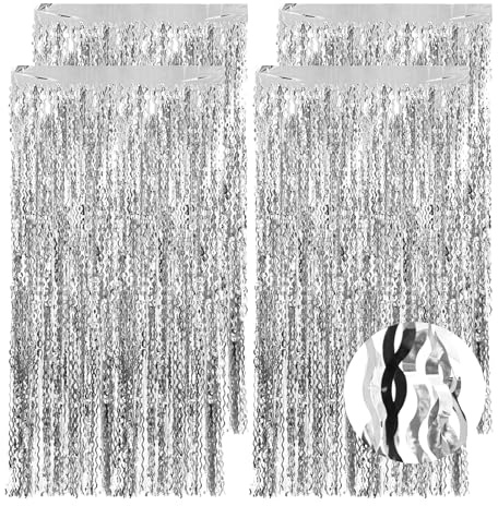 4 Stück Lametta Vorhang Silber, S Form Glitzer Vorhang Geburtstag | Folien Fransen Glitzervorhang, Luftschlangen Party Vorhang für Party Deko Hochzeit Hintergund Fotowand Bühnendekor, 1 m x 2 m