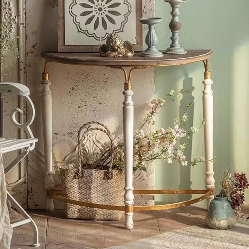 SIONDSTS Consolle in Legno a Ferro a Mezzaluna retrò,Tavolo da Divano Decorativo semicircolare Moderno Alto 30'',tavolino Stretto, Piccoli tavoli rustici in Legno per Ingresso,Bianca,80cm