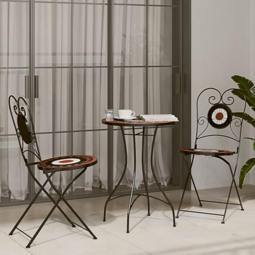 RCODSSK 3-TLG. Bistro-Set Keramikfliesen Terrakotta und Weiß mit Eisenrahmen für den Garten – Tisch und 2 Stühle, Gartenmöbel Bistro-Set Keramik Terrakotta Keramikfliesen Eisenrahmen