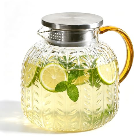 Tekanna 1,3 liter av borosilikatglas, värmebeständig glaskanna med lock i rostfritt stål och integrerad sil, glastekanna, vattenkaraff av glas, glaskaraff, för svart te grön etc.