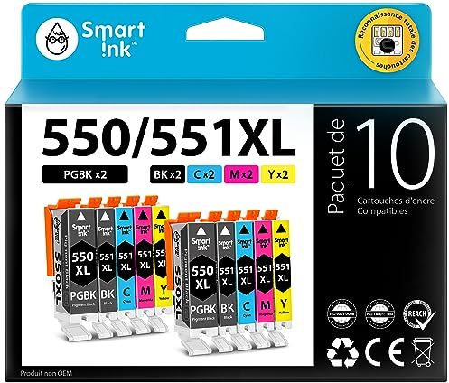 Smart Ink Kompatibel Druckerpatronen als Ersatz für Canon PGI 550XL 550 XL CLI 551XL 551 (2PGBK & 2BK/C/M/Y 10 Multipack) für Canon PIXMA iX6850 MG5650 MX725 MG6650 MG6450 MX925 iP7250 MG5550 drucker