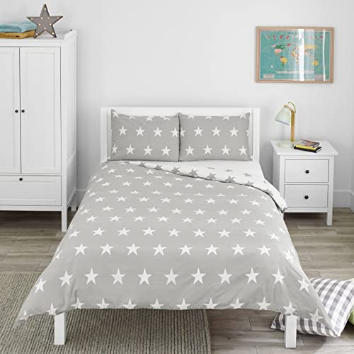 Bloomsbury Mill - Set Copripiumino Piazza e Mezza - Grigio & Bianco Stelle - Lenzuola Letto Reversibile Per Ragazzi/Ragazee - Set Di Biancheria Da Letto Per Bambini - 200 x 200cm e 2 Federe