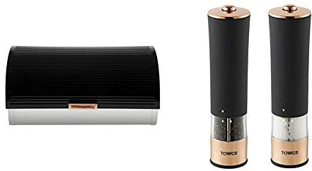 Tower Linear Roll Top Bread Bin, Stainless Steel, Black and Rose Gold & Electric Salt and Pepper Mill, Stainless Steel, Soft-Touch Body, Rose Gold and Black