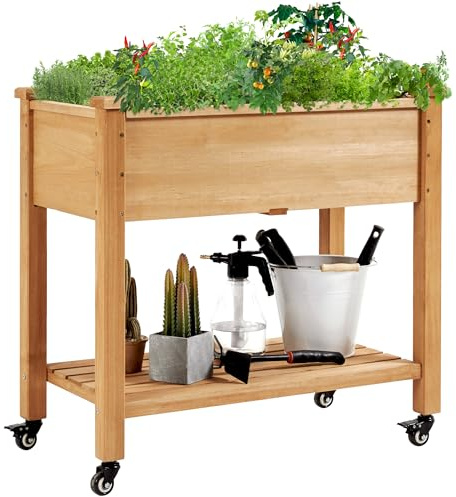 Yaheetech Huerto Urbano Elevado de Madera de Abeto Mesa de Cultivo de 2 Niveles con Ruedas Desmontables, Forro no Tejido, Ideal para Flores y Vegetales Marrón Claro 87 x 47 x 83 cm