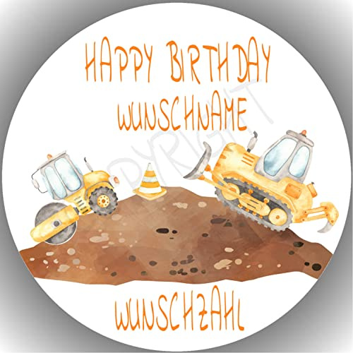 KTD Fondant Tortenaufleger Tortenbild Geburtstag Baustelle/Baustellenfahrzeuge personalisierbar K1