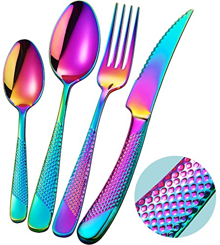 Xideman® 24-delat hamrat Regnbåge Bestick set med Ultra Skarp 2-i-1 sågtandad kniv, Färgglada 18/10 rostfritt stål bestickset för 6 personer, Flerfärgad Knivar Gafflar Skedar set.