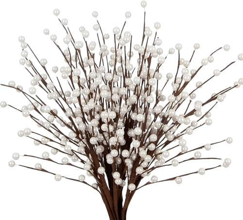 ZIFTY 10Pcs Christmas Artificial Holly Berry Stem, 16.5 Inch Berry Picks Decorative Wire Branch Sprays for Christmas Tree Decorations DIY Arrangements Home Decor (White)