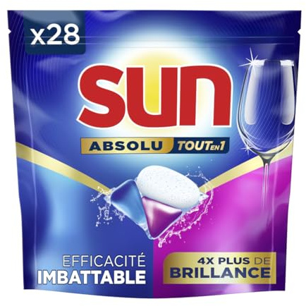 Sun - Capsules Lave-Vaisselle, Absolu, Tout-en-1, Brillance, 28 Pastilles | Nettoyage profond et action dégraissante, technologie bi-texturée, intègre sel régénérant et liquide de rinçage