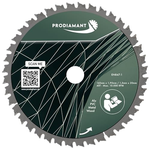 PRODIAMANT Multi Sägeblatt 165 x 20 mm Hartmetallsägeblatt für Holz, Alu, Kunstoff und Laminat mit HM TCT Zähnen für Tischsäge Kappsäge und Kreissäge