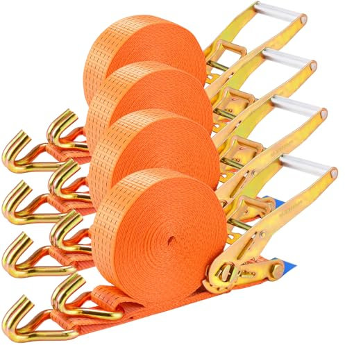 4 pièces 5000 kg Sangle à Cliquet 9m,Sangles d'arrimage,50mm,Sangles de Serrage avec cliquet et Crochets,aux intempéries,pour l'arrimage Professionnel du Chargement des camions/Motos/Cargos,Orange
