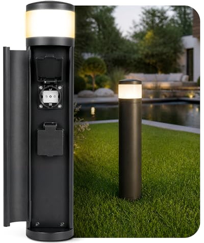 SSC-LUXon PALISO Energiesäule Garten mit Licht und 2 Steckdosen outdoor - schwarze Pollerleuchte außen led IP44 inkl. G9 3W warmweiß