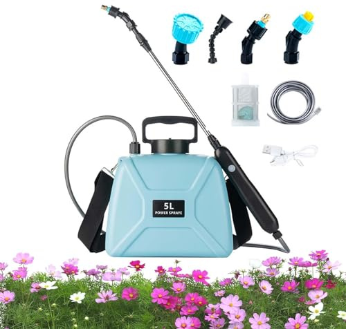 Pulverizador alimentado por batería de 5 L, pulverizador eléctrico mejorado con cable de carga, mango recargable por USB y varita retráctil, pulverizador de jardín, pulverizador de agua con correa de