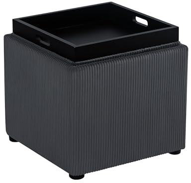 Joveco Corduroy Storage Ottoman with Reversible Tray Top, 17.5 Square Footrest Stool & Instant Coffee Table, Perfect for Small Spaces, Living Room, Bedroom and Dorm, Dark Gray