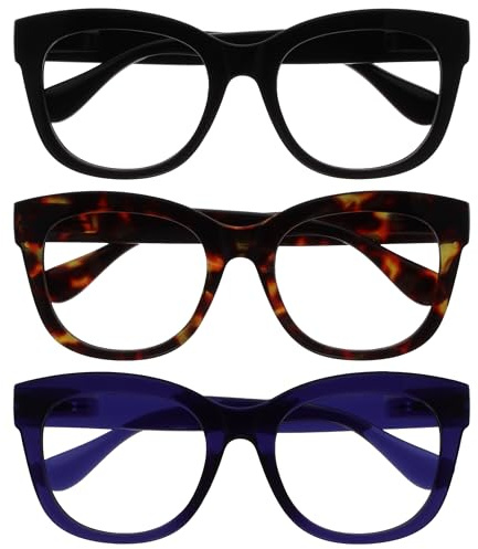 OPULIZE BIG Occhiali luce blu donna e uomo - Lenti Antiriflesso e Antibagliore - Confezione da 3 - Occhiali per computer - Protezione UV - Oversize e Rotondo - Nero Marrone Indigo