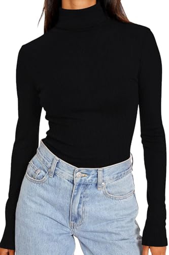 DUOEASE Maglia Donna Manica Lunga Basic Tinta Unita Top Collo Alto Autunno Inverno T Shirt Elegant Casual Top Donna(Nero S)
