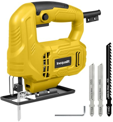 Inequalit Scie Sauteuse 400W Avec Variateur De Vitesse (0-3000 CPM) + Angle De Coupe Réglable (±45°) + Fonction Verrouillage + 3 Lames Incluses (Bois/Métal/Pvc)​,Jaune