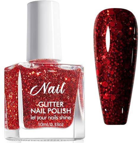 Red Glitter Nail Polish - Quick Dry Wine Red Shimmer Nail Varnish - Breathable Natural Burgundy Shimmer Nail Polish - Chip Resistant Non-Toxic Autumn Nail Varnish - No Need Cured