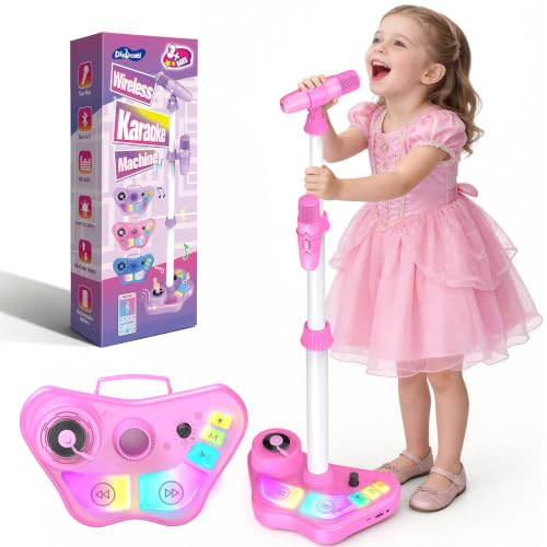 Dislocati LED Stand Karaoke Machine 2 Microphones, 3-12 Year Old Girl Gifts | Girls Birthday Presents Bluetooth Adjustable Height Speaker Gifts for Girls Kids Toys Age 3-9 Christmas Xmas Gifts