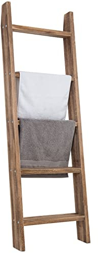 MyGift 4ft Tall Rustic Burnt Natural Wood Wall Leaning Blanket Ladder Shelf with 5 Rungs, Decorative Living Room Throw and Quilt Holder, Farmhouse Bedroom Decor
