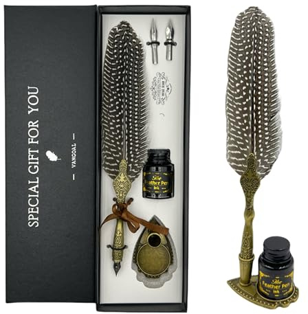 VANGOAL Vintage Feather Pen and Ink Set, Classic Series Pheasant Quill Pen with Carving Pen Stand, Calligraphy Pen Nibs, Black Dip Pen Ink, Antique Writing Gift for Writer