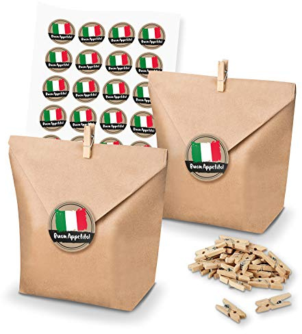 itenga 24x Geschenktüten aus Papier I Buon Appetito! I Braun I inkl. Sticker Aufkleber I perfekt geeignet als italienische Geschenkverpackung, Gastgeschenk oder Mitbringsel
