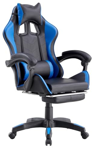 Brigros - Sedia da Gaming Racing Ergonomica Reclinabile con Braccioli, Poltrona Ufficio Girevole con Rotelle, Poggiapiedi, Poggiatesta e Cuscino Lombare in Similpelle, Portata: 125kg (Blu)