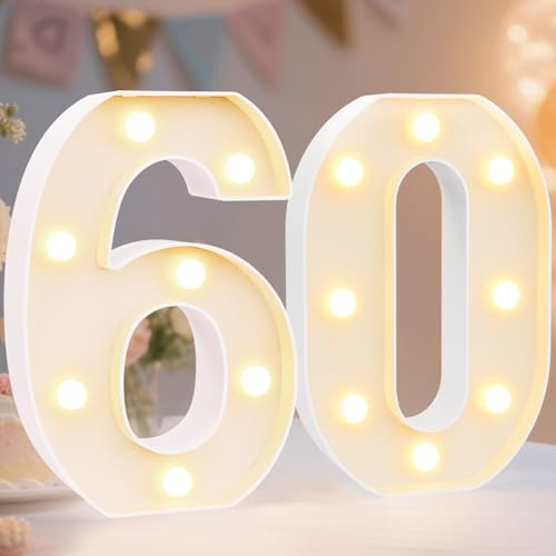 Decorative Led Light Up Number Letters, White Plastic Marquee Number Lights Sign for 60th Birthday Party Wedding Decor Battery Operated Numbers (60)