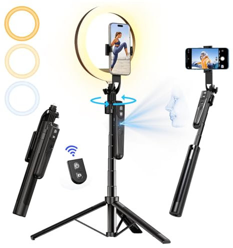 Yayusi Treppiede con Rotazione 360° per Rilevamento Automatico del Volto, Luce ad Anello, 180CM Selfie Stick con Telecomando, Sensore per Streaming Live/Vlog (3 Colori)