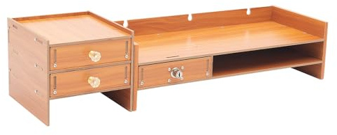 Tyvotrend Monitorständer, Monitor Stands Riser mit Schloss Schubladen, Desktop Halter mit großen Fach und Fächer, Desktop Organizer, für Laptop, Computer, Monitor, Holz