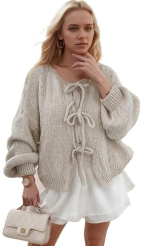 Cardigan tricoté à nouer sur le devant pour femme Y2K ouvert sur le devant - Cardigan surdimensionné à manches longues - Pull tendance streetwear, abricot, Taille M