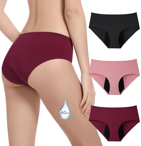 OEIOEI Period Underwear Heavy Flow Menstrual Pants for Women Protective Briefs Absorbency Pack of 3 (M, Black/Pink/Burgundy Red)
