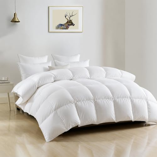DWR Luxury Oversized King Down Feather Fibers Comforter, Soft Cotton Blend Cover, High Fill Power Medium Weight, Fluffy Down Feather Fibers Duvet Insert with Ties (120x98 Inches, White)