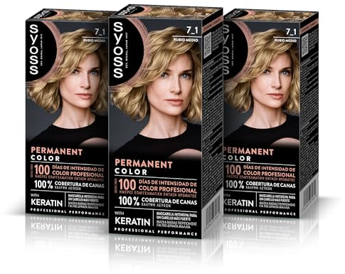 SYOSS Permanent Färg 7-1 mellanblond, hårfärg och intensiv keratinmask, för professionell täckning av grått hår, långvarig färg och intensivvård, 3-pack