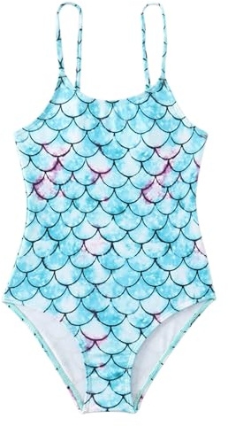 MUNSKT Mädchen-Badeanzug, Meerjungfrau-Muster, für Mädchen zwischen 3 und 6 Jahren, Exklusives Mädchen-Schwimmkleid mit Spaghettiträgern und Meerjungfrau, für Strand Reisen Surfen Pool