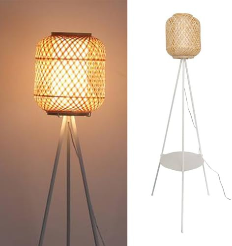Alpinaluz Lampadaire trépied avec étagère - Abat-jour en osier naturel double couche Ø30 cm - Base en acier laqué blanc - Culot E27 - Style bohème vintage pour salon ou chambre