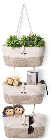 AARAINBOW Wall Hanging Storage Baskets, 3 Tier Cotton Baskets. Decorative Door Hanging Baskets, Wicker Indoor Organizer Hanging for Kitchen Bedroom Living Room (C-White Beige)
