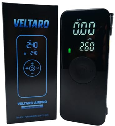 Veltaro AirPro elektrische Akku Luftpumpe mit Powerbank, 150 PSI, USB C, LED und SOS, Ventilschraubanschluss, integriertes Adapterfach, für Auto, Fahrrad, Motorrad und Ball
