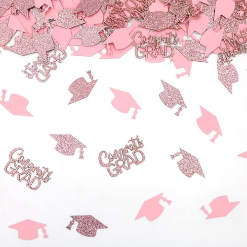 Blopee 200PC Rose Gold Pink Graduation Confetti Decorations Class of 2026 Glitter Congrats Grad Confetti for Table Graduation Cap Scatters for Pink Grad Party decorations 2026