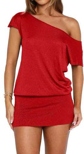 LEEDYA Women Off The Shoulder Mini Dress Sexy Short Sleeve Bodycon Dresses | Asymmetrical Neck Solid Top Dress, Summer Y2k Short Sleeve Off The Shoulder Dress,Elegant Off Shoulder Cocktail Party Dresses