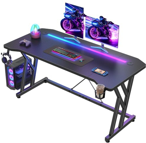 Klyvvo Scrivania Gaming LED 120x60cm, Tavolo Computer con Banda RGB, Tavolo Gaming Ergonomica, Gamer con Superficie in Fibra Carbonio, Scrivania per Computer con Porta Tazza e Gancio per Cuffie, Nero