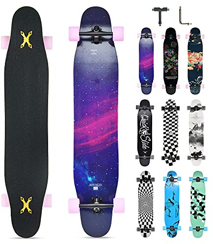 Opurtdor Longboard 118CM Profi Skateboard Komplettes Cruiser Trick 8 Etagen Ahornholz Wood Schwarzes Longboard für Anfänger Erwachsene Teens Mädchen Jungen (Sternenhimmel)