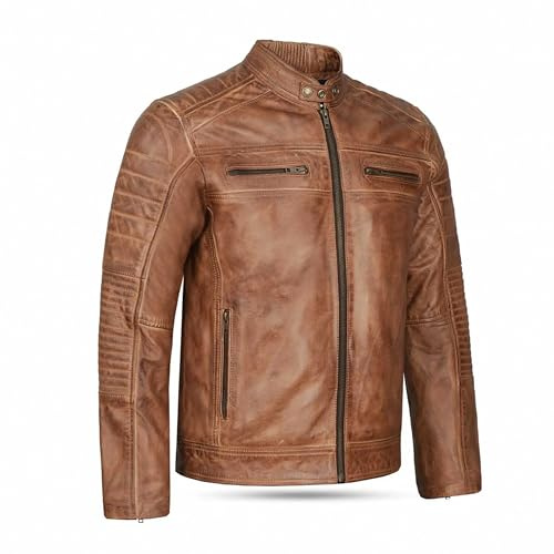 Leatherick Herren-Bikerjacke aus echtem Leder im Distressed-Look, Hellbraun, Distress Brown (DE/NL/SE/PL, Alphanumerisch, S, Regular, Regular)