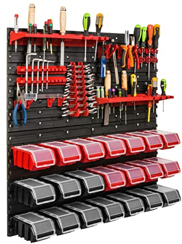Lagersystem Werkstattregal | 78 x 78 cm | 21 stck. Box | Wandregal mit Werkzeughalterungen und Stapelboxen - Wandplatten Extra Starke Schüttenregal Warkzeuglochwand Lagerregal Garage Regal